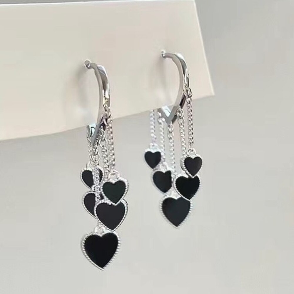 Gold Chain & Black Hearts Tassel Earrings